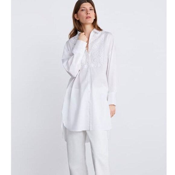 Zara Long Sleeve Lace Trim Button-Up Hi-Low Tunic Shirt Women's Size L White - Picture 2 of 8